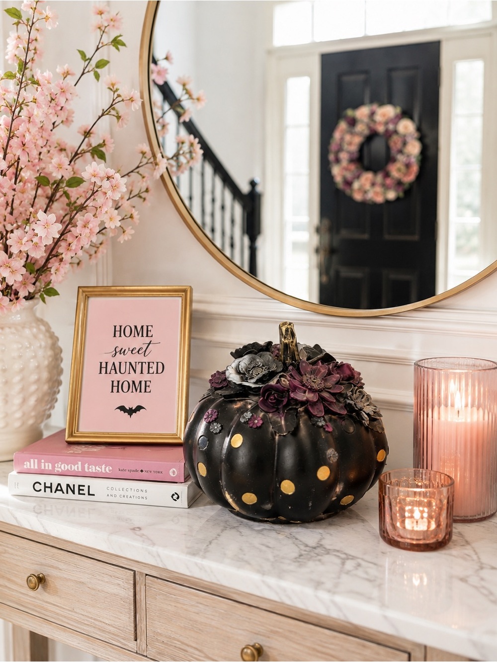 Black Floral Halloween Pumpkin Decor Gothic Chic Fall Centerpiece Purple & Gold